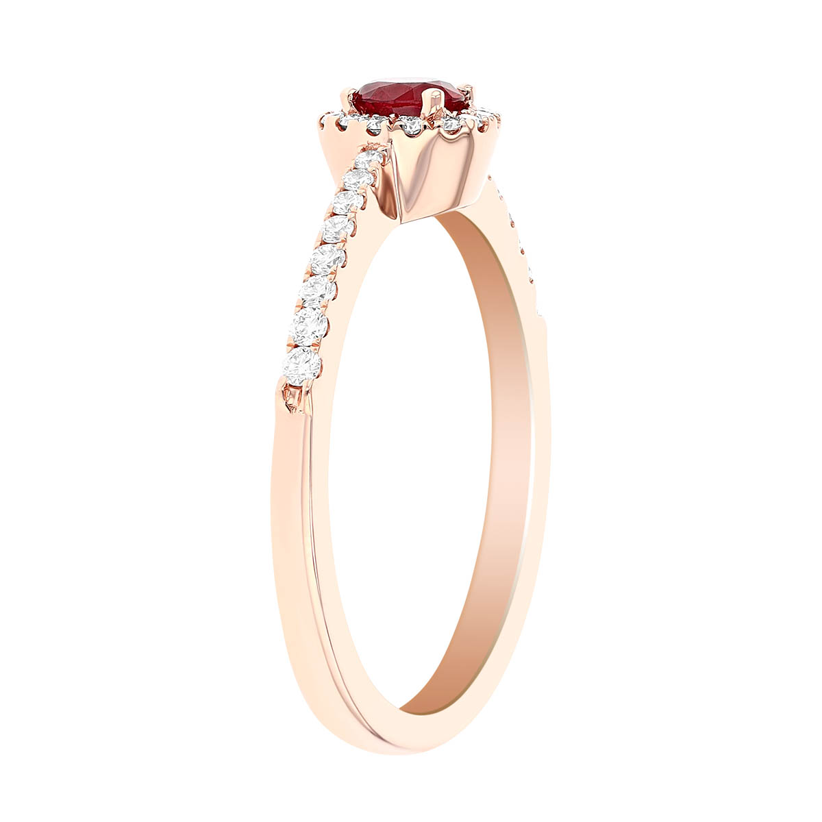 Round Ruby with Diamond Halo & Shank Ring in Rose Gold