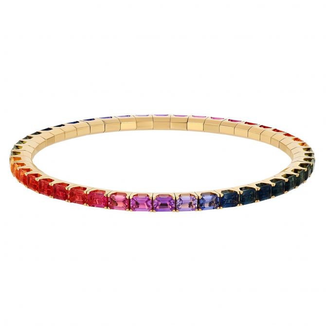 Demeglio Extensible Emerald Cut Multicolored Sapphire Stretch Tennis Bracelet in Yellow Gold
