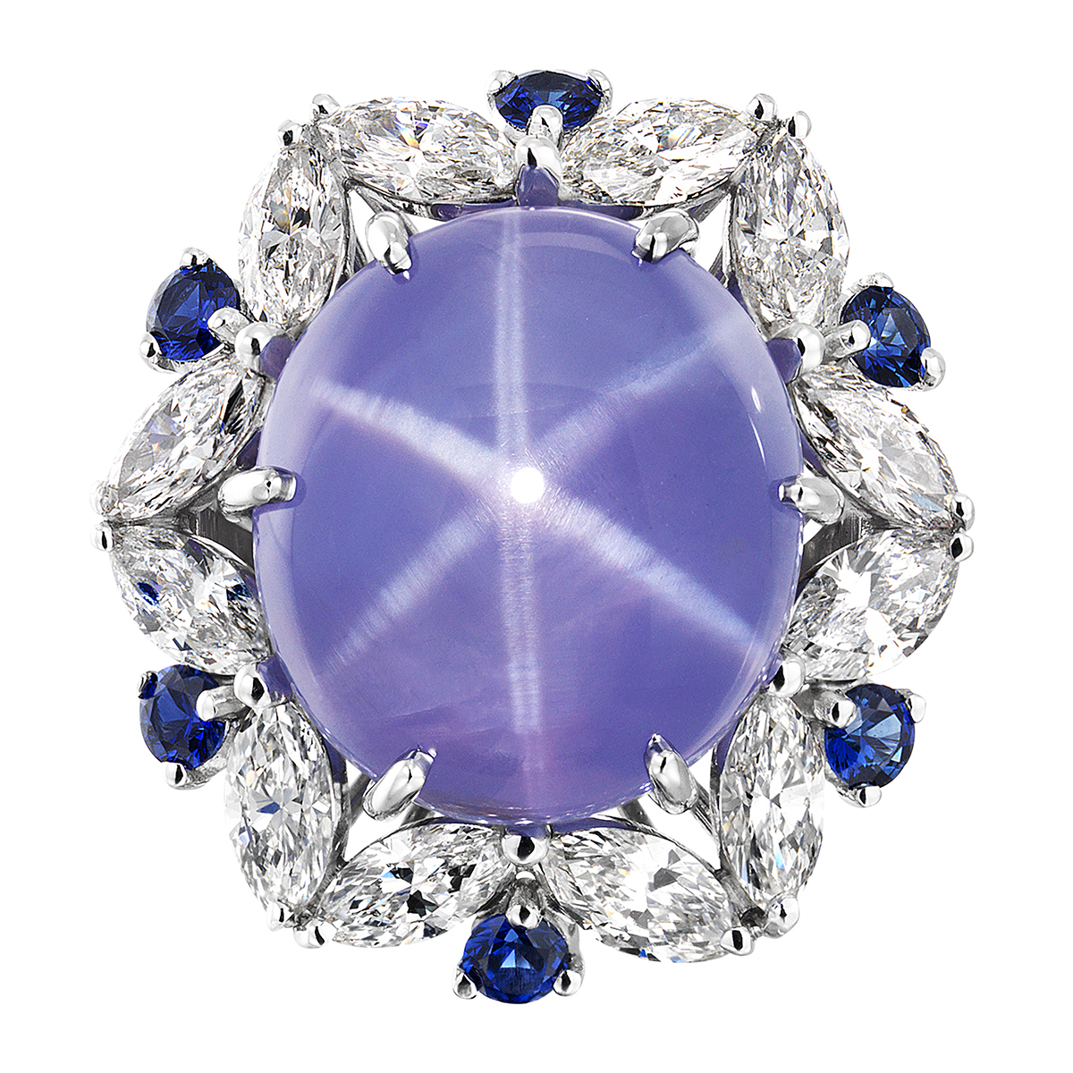 Oscar Heyman Oval Star Sapphire Cabochon Ring with Diamond & Sapphire Halo in Platinum
