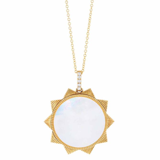 Doves Mother of Pearl Sunburst Pendant in Yellow Gold, 18"