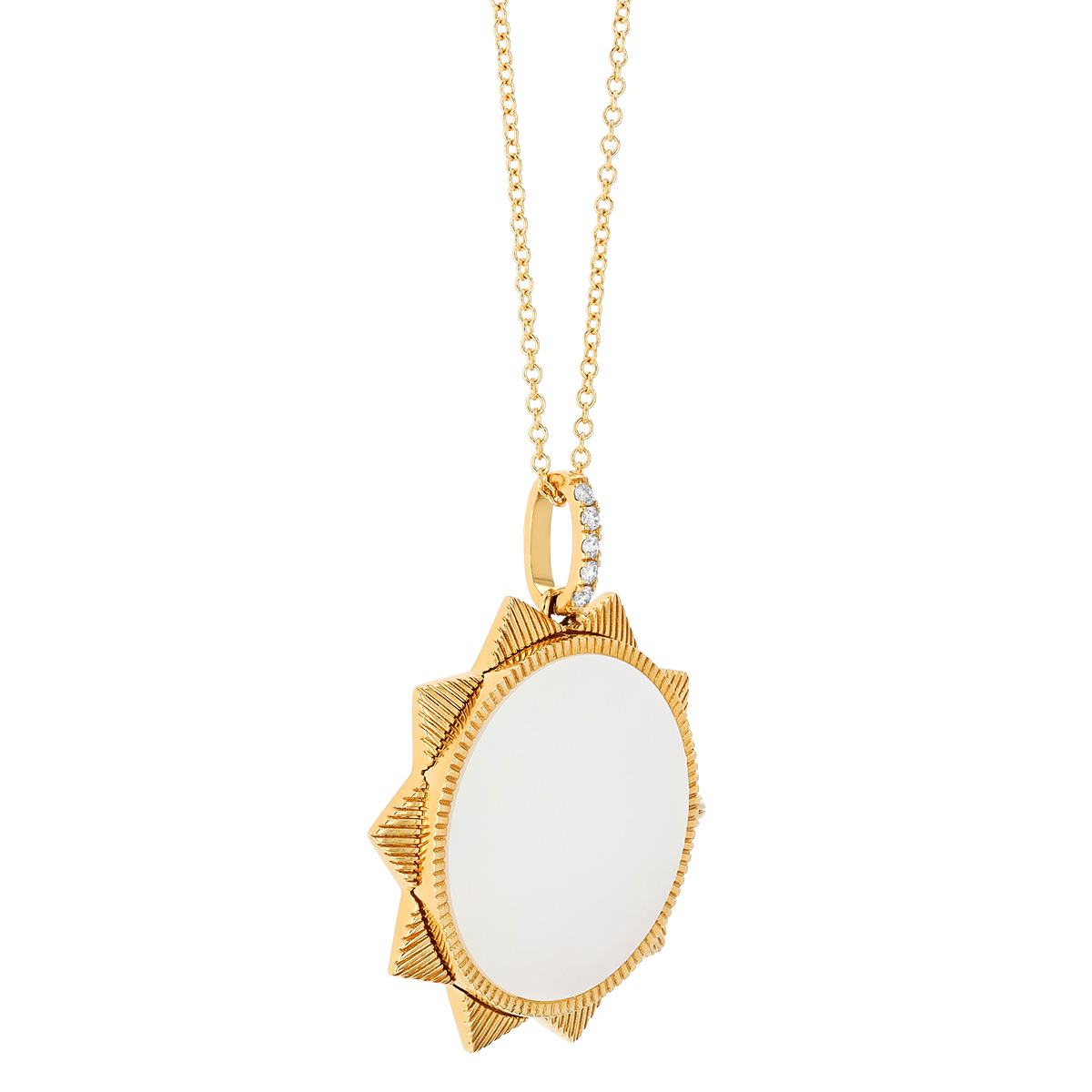 Doves Mother of Pearl Sunburst Pendant in Yellow Gold, 18