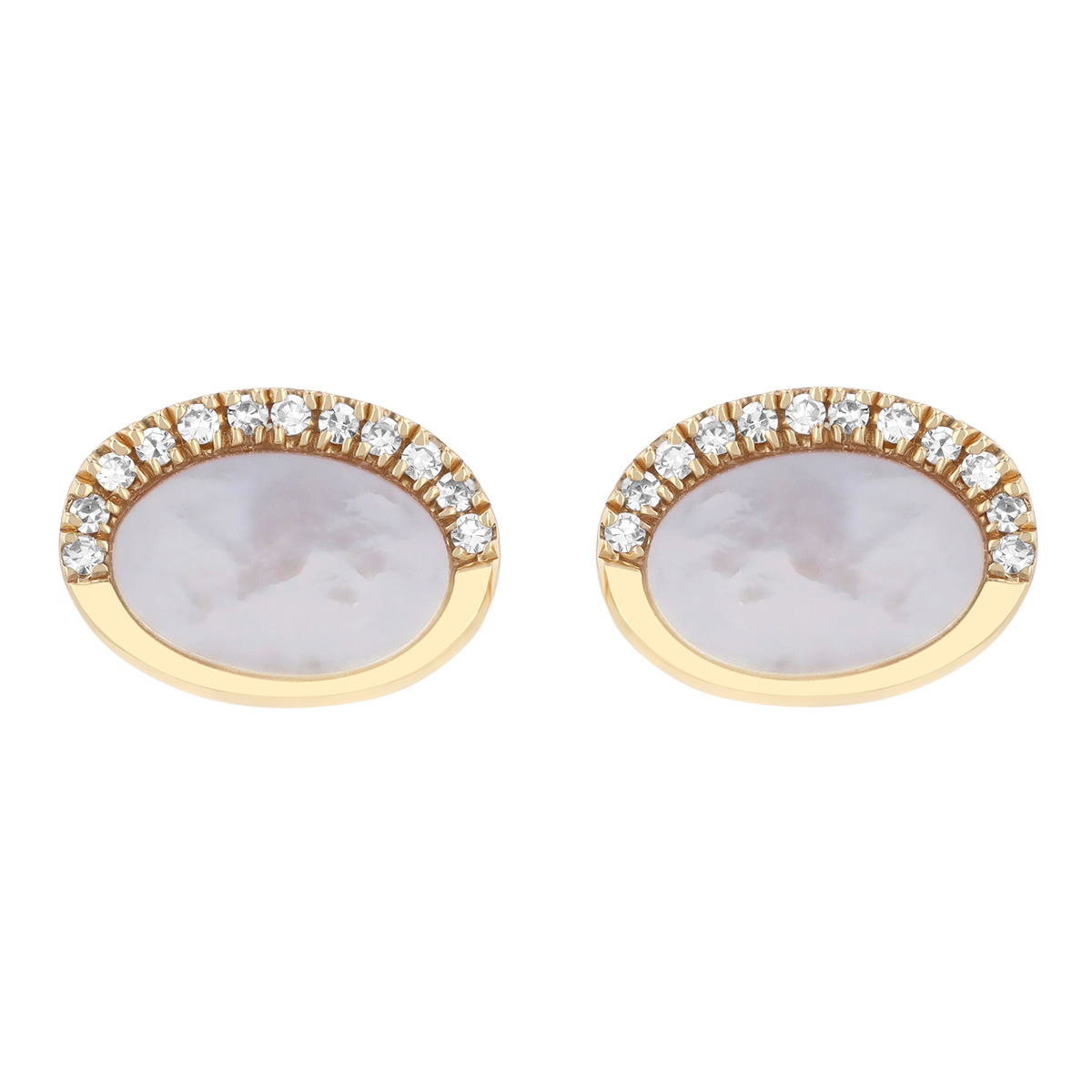 Doves Oval Mother of Pearl & Half Diamond Halo Stud Earrings in Yellow Gold