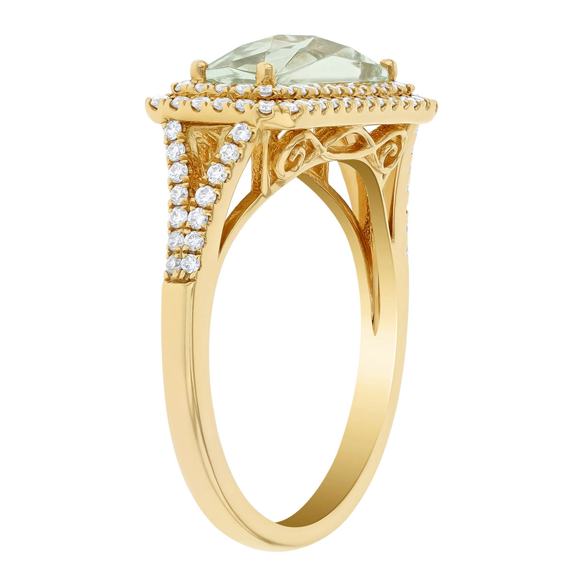 Doves Cushion Checkerboard Green Quartz & Double Diamond Halo Ring in Yellow Gold