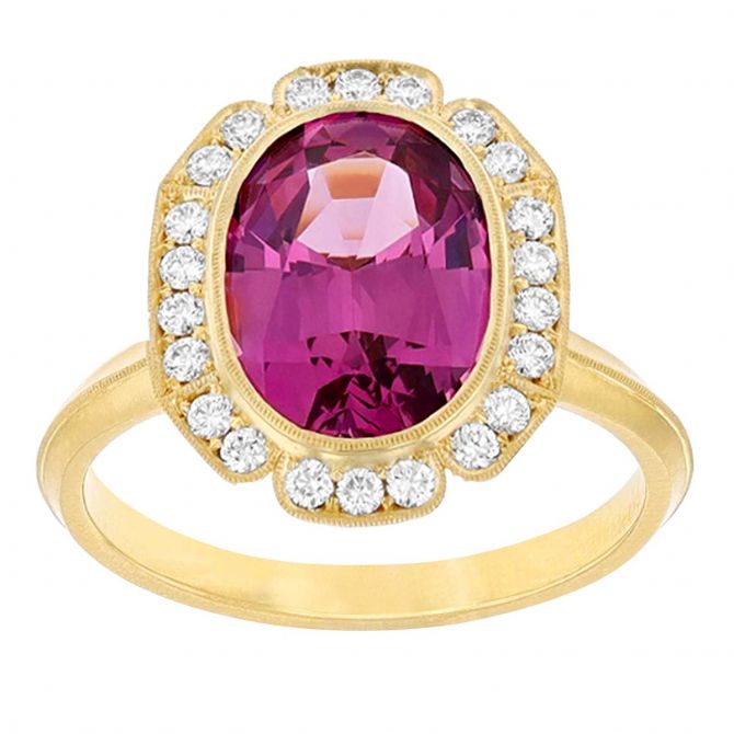 Erika Winters Caroline Oval Spessartine Garnet & Diamond Halo Ring in Yellow Gold