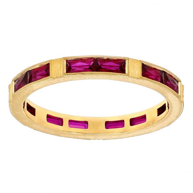 Erika Winters Isabella French Cut Baguette Ruby Channel Set Ring in Yellow Gold