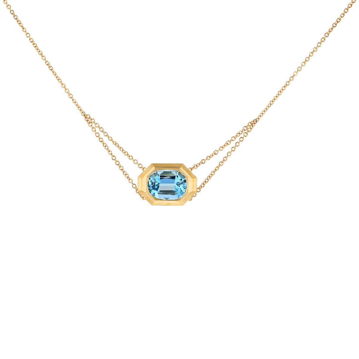 Erika Winters Hana Cushion Aquamarine Bezel Set Double Strand Necklace in Yellow Gold, 16