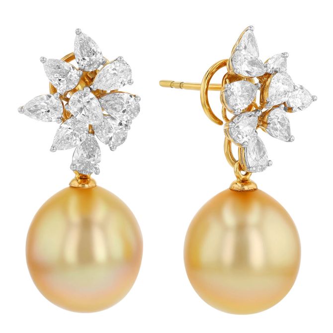 TARA Pearls Golden South Sea Cultured Pearl & Pear Shape Diamond Cluster Drop Earrings in Yellow Gol