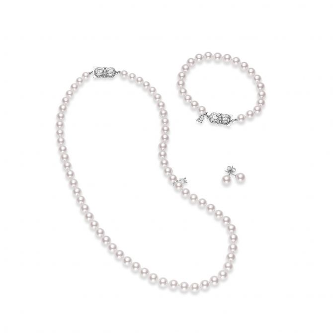 Mikimoto Akoya Cultured Pearl Strand Necklace, Bracelet, and Stud Earrings Set in White Gold, 6-7 mm