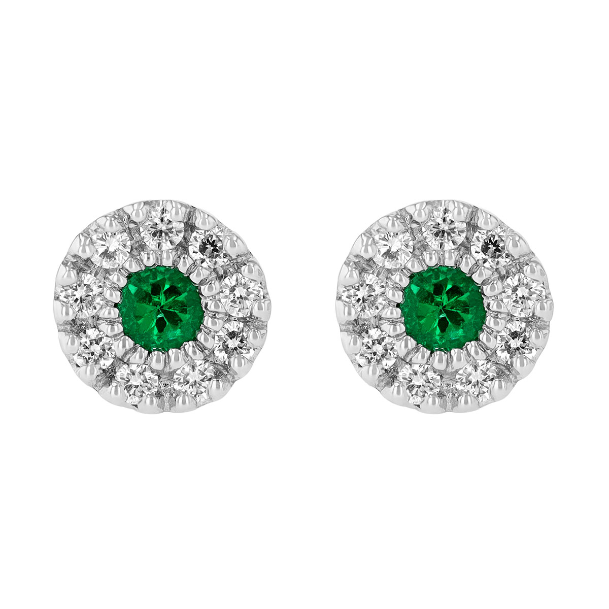 Round Emerald & Diamond Halo Cluster Stud Earrings in White Gold