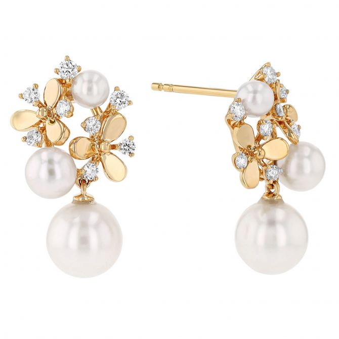 Akoya Cultured Pearl Diamond Flower Cluster Dangle Earrings in