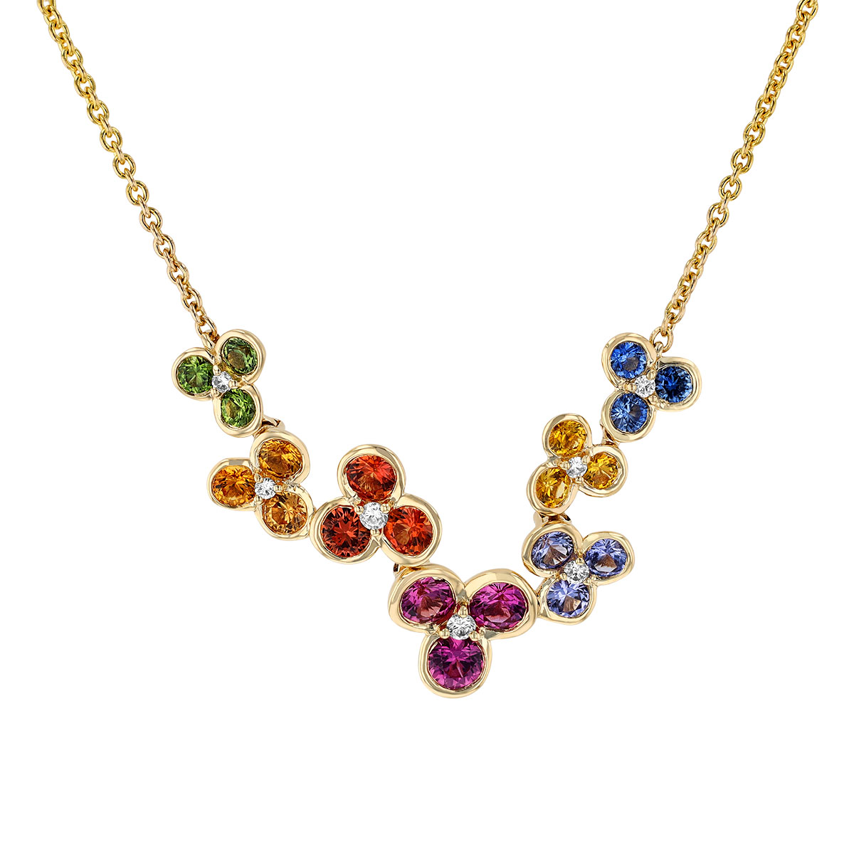 Multicolored Sapphire & Diamond Flower Cluster Necklace in Yellow Gold, 18