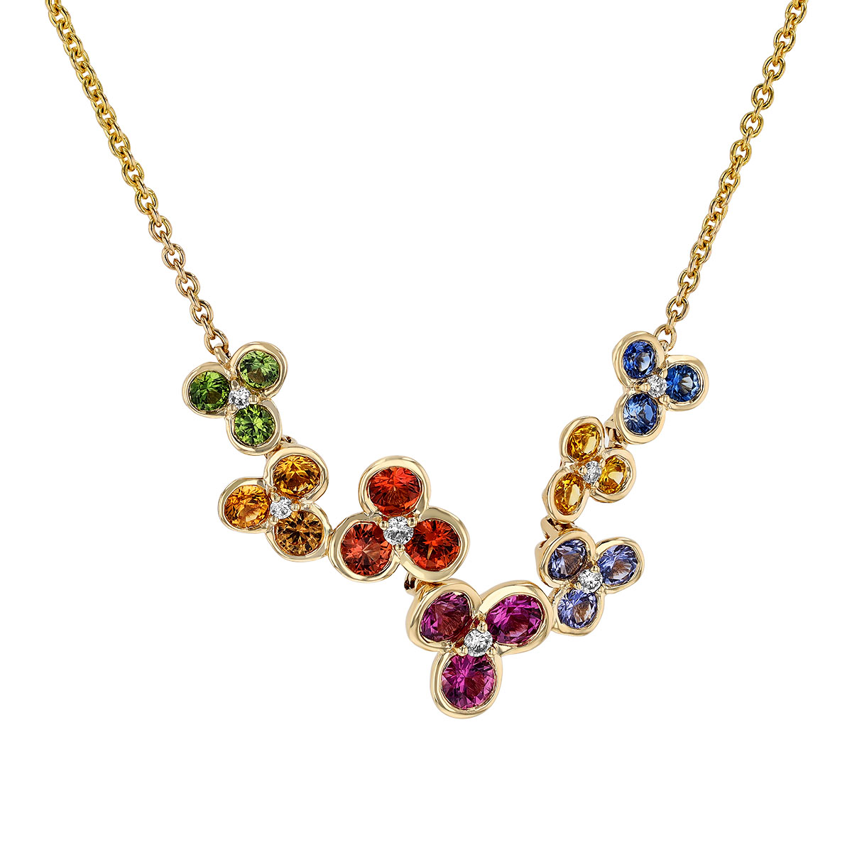 Multicolored Sapphire & Diamond Flower Cluster Necklace in Yellow Gold, 18