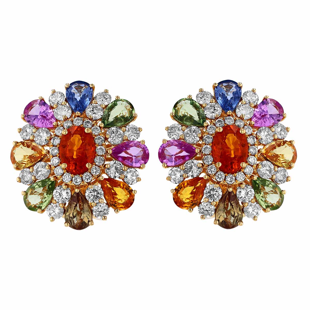 Multicolored Sapphire & Diamond Floral Stud Earrings in Yellow Gold