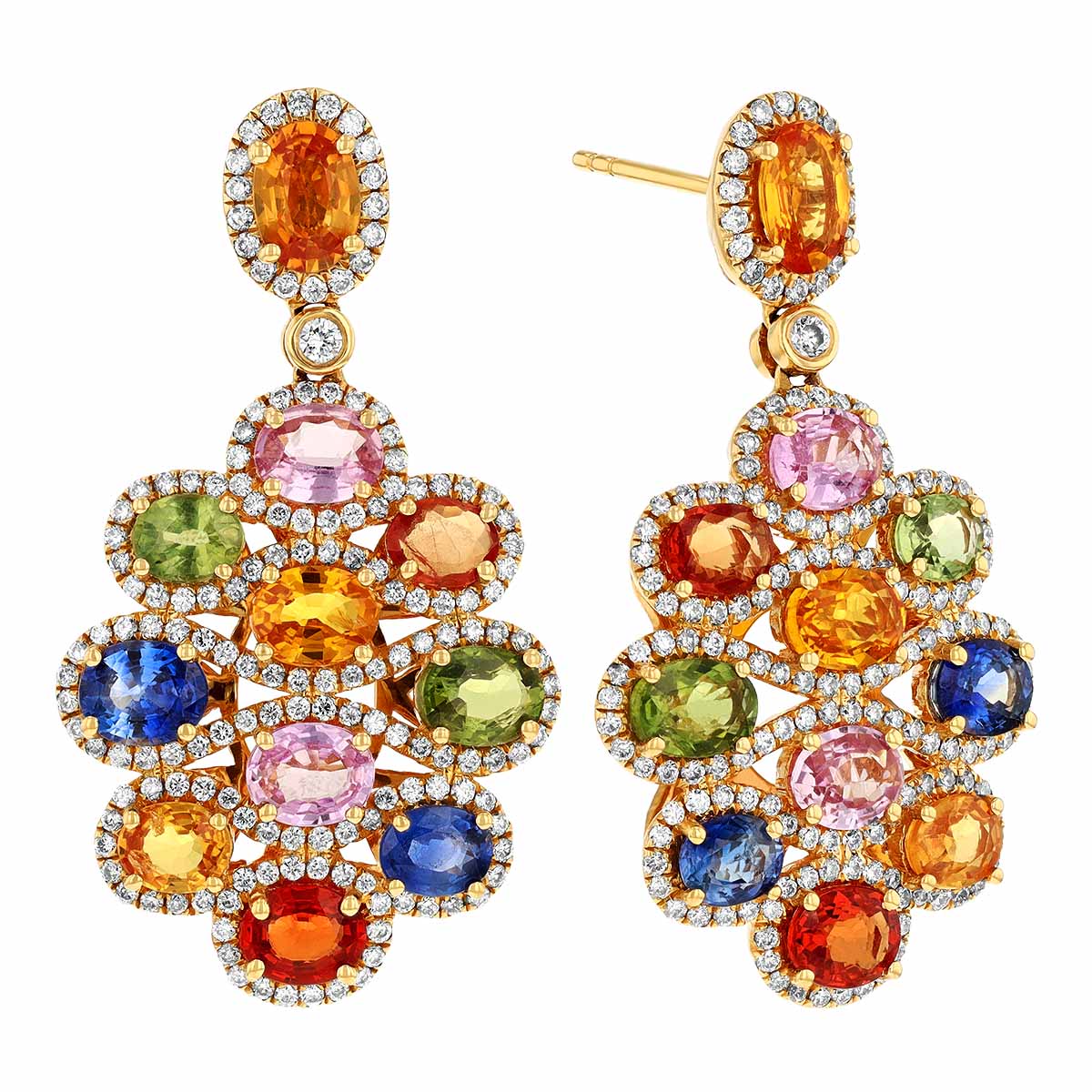 Oval Multicolored Sapphire & Diamond Floral Dangle Earrings in Yellow Gold