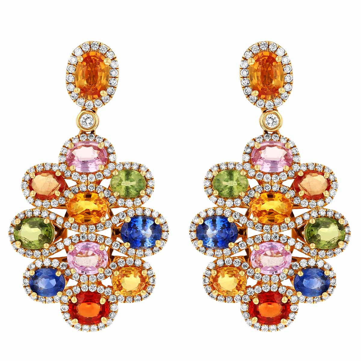 Oval Multicolored Sapphire & Diamond Floral Dangle Earrings in Yellow Gold