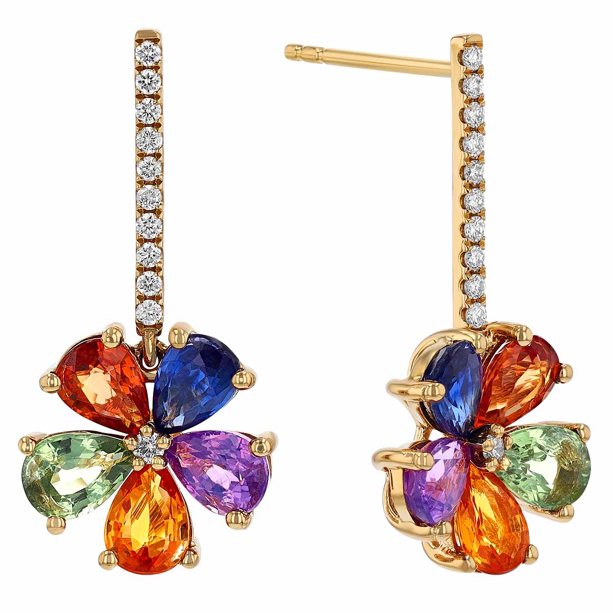 Multicolored Pear Sapphire Diamond Floral Dangle Earrings in