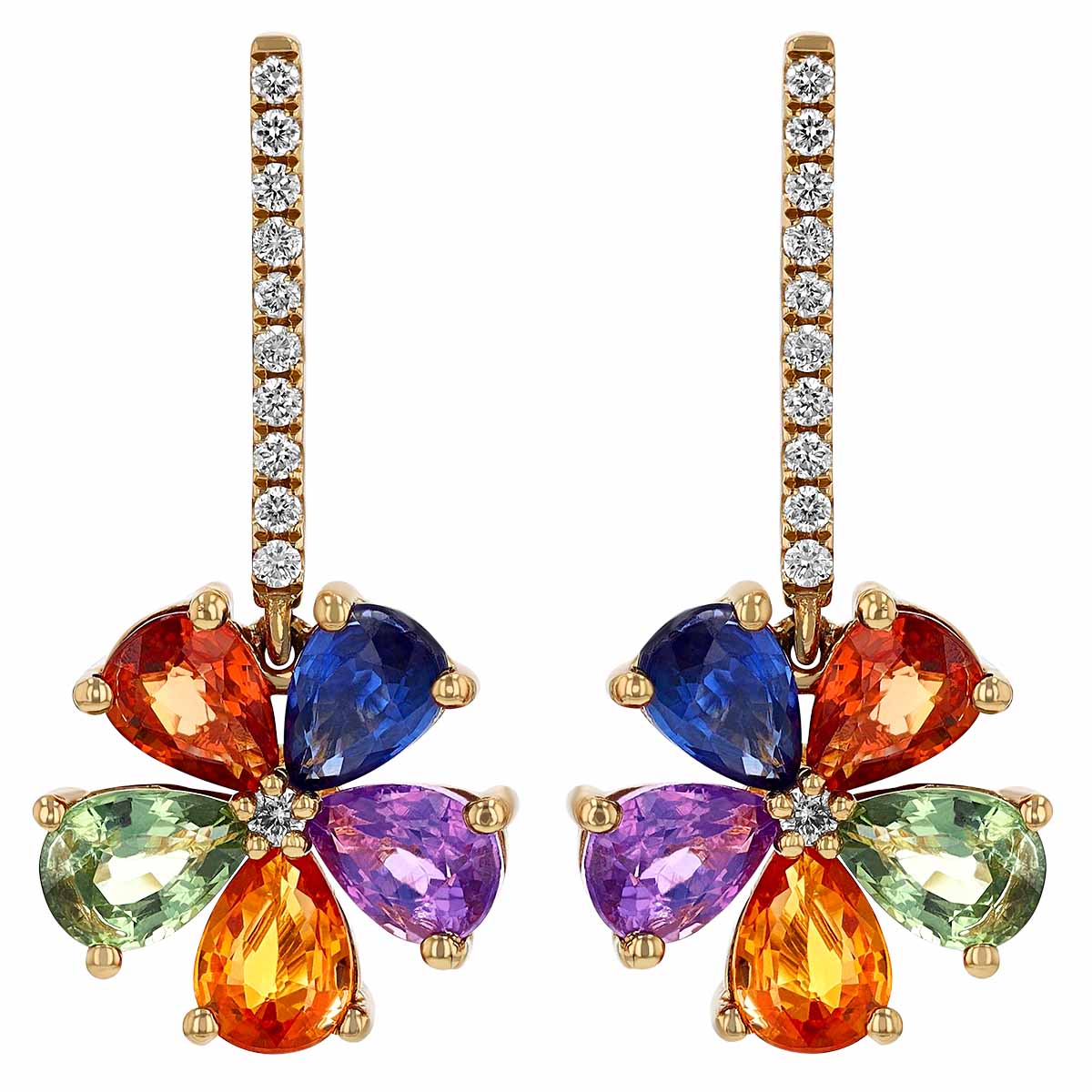 Multicolored Pear Sapphire & Diamond Floral Dangle Earrings in Yellow Gold
