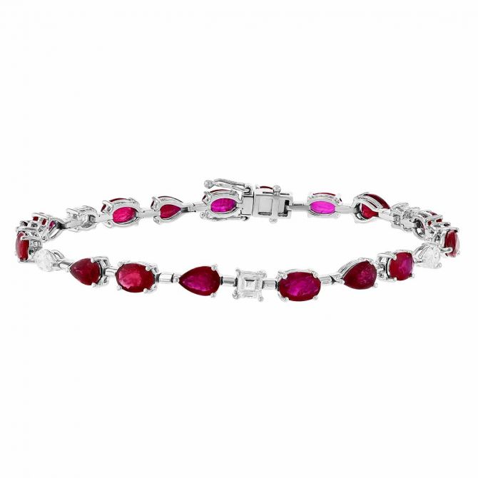 Pear & Oval Ruby and Diamond Alternating Bracelet in White Gold