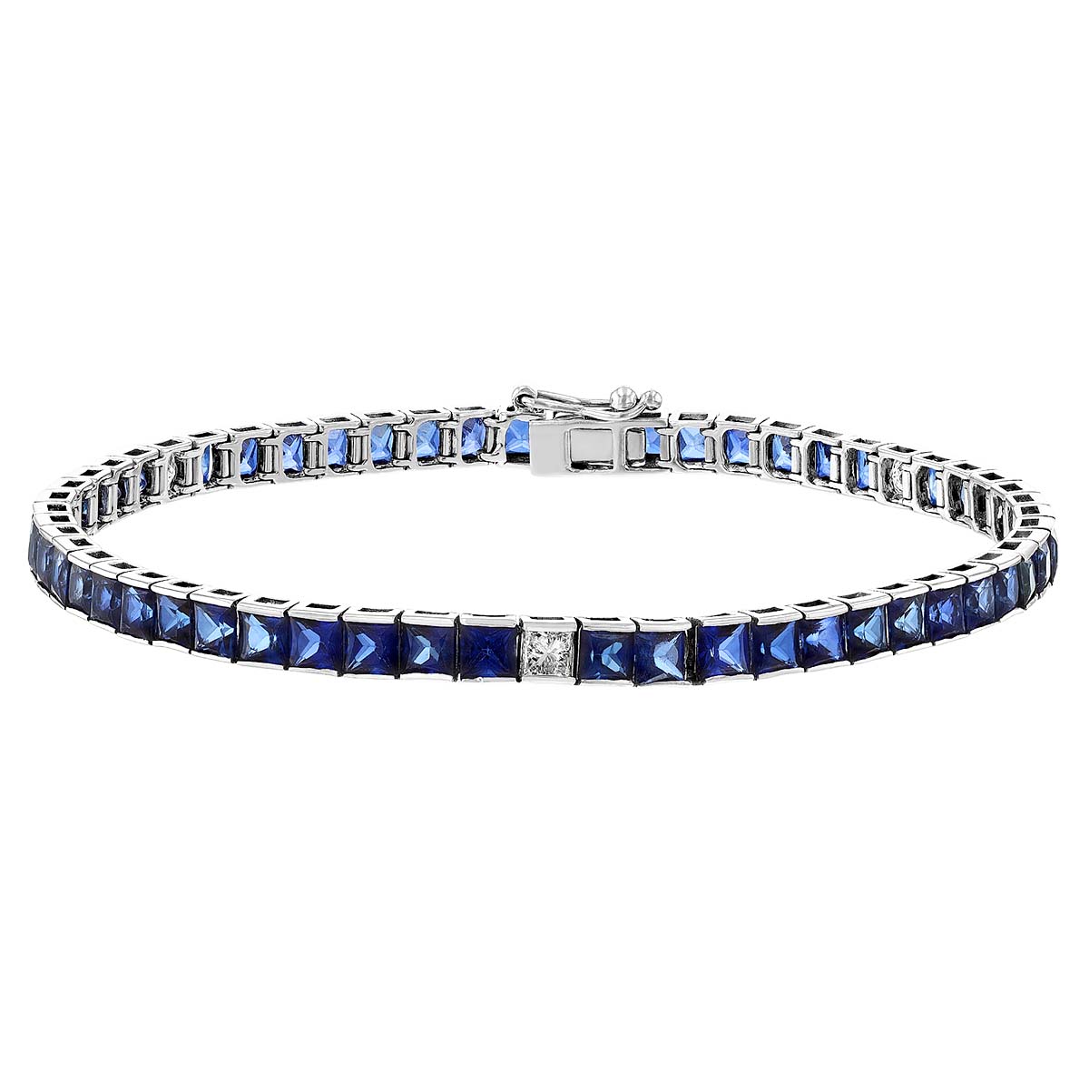 Princess Cut Sapphire & Diamond Station Tennis Bracelet in White Gold