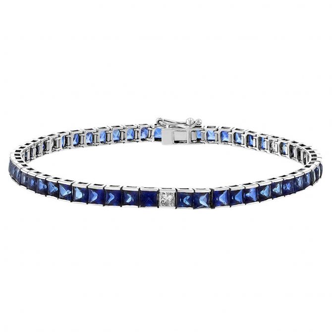 Princess Cut Sapphire & Diamond Station Tennis Bracelet in White Gold