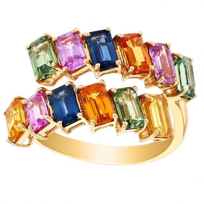 Multicolored Emerald Cut Sapphire Bypass Ring in Yellow Gold