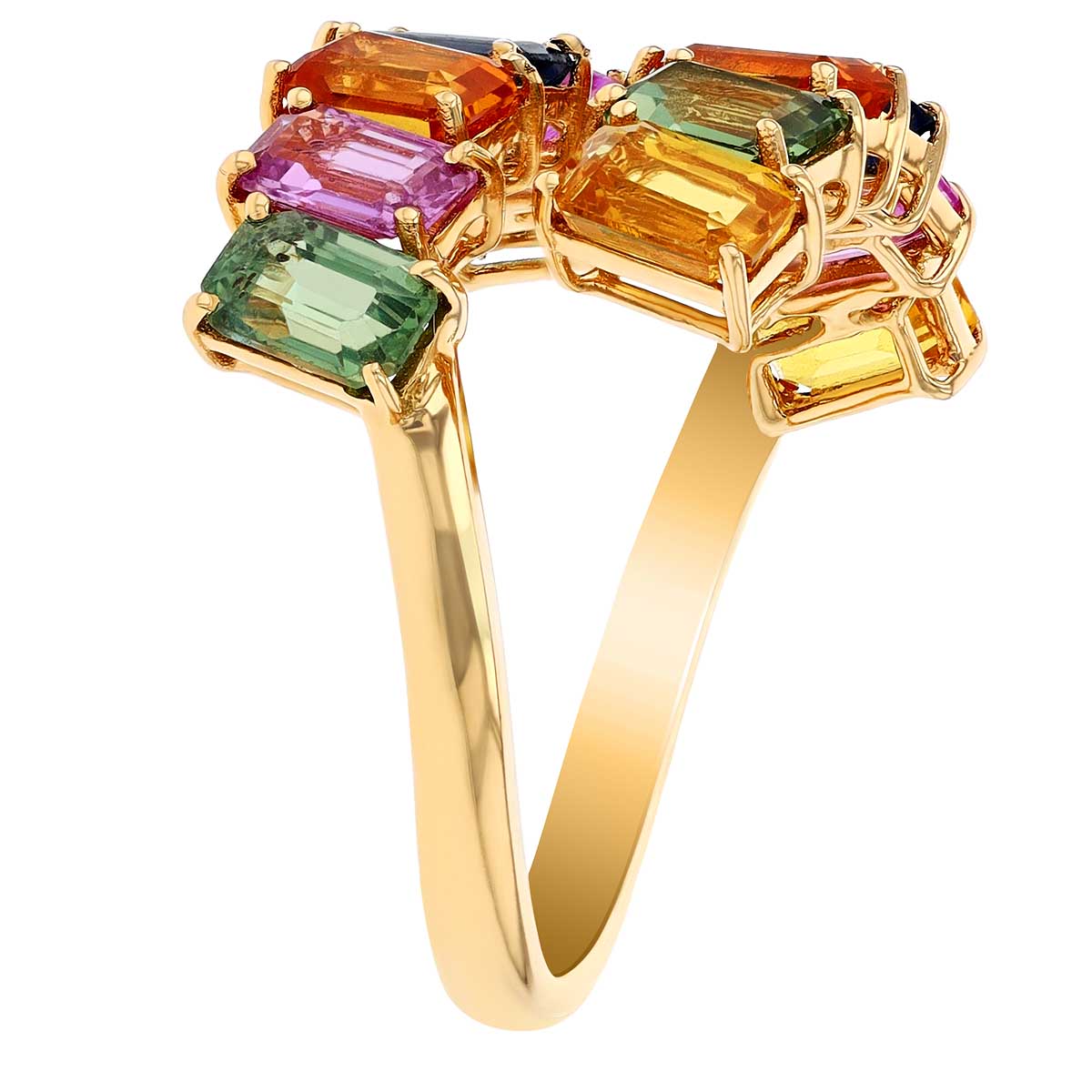 Multicolored Emerald Cut Sapphire Bypass Ring in Yellow Gold