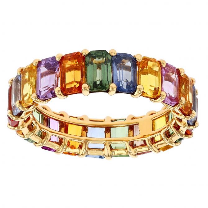 Multicolored Emerald Cut Sapphire Eternity Ring in Yellow Gold