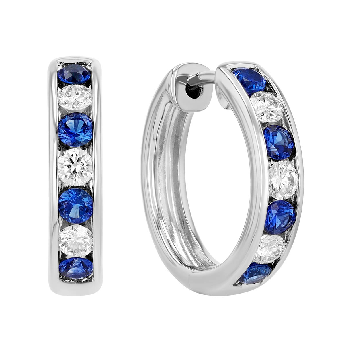 Round Sapphire & Diamond Channel Set Hoop Earrings in White Gold