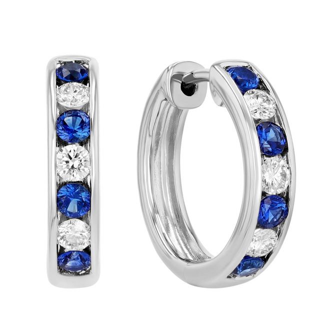 Round Sapphire & Diamond Channel Set Hoop Earrings in White Gold