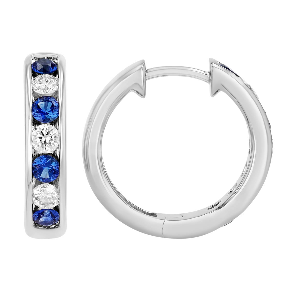 Round Sapphire & Diamond Channel Set Hoop Earrings in White Gold