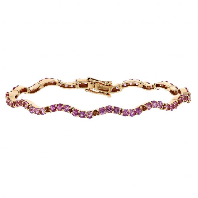Pink Sapphire Wave Bracelet in Yellow Gold, 7"