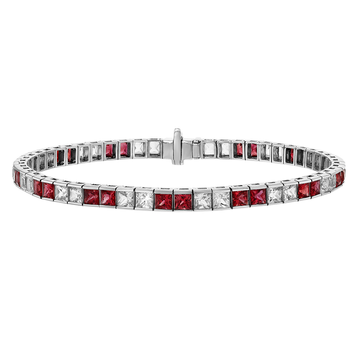 Princess Cut Ruby & White Sapphire Channel Set Tennis Bracelet in White Gold, 7