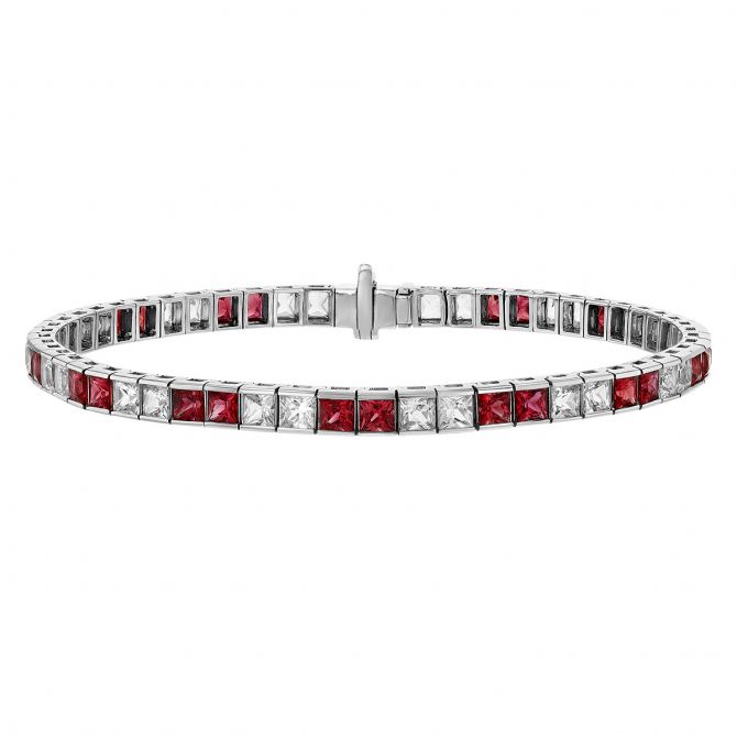 Princess Cut Ruby & White Sapphire Channel Set Tennis Bracelet in White Gold, 7"