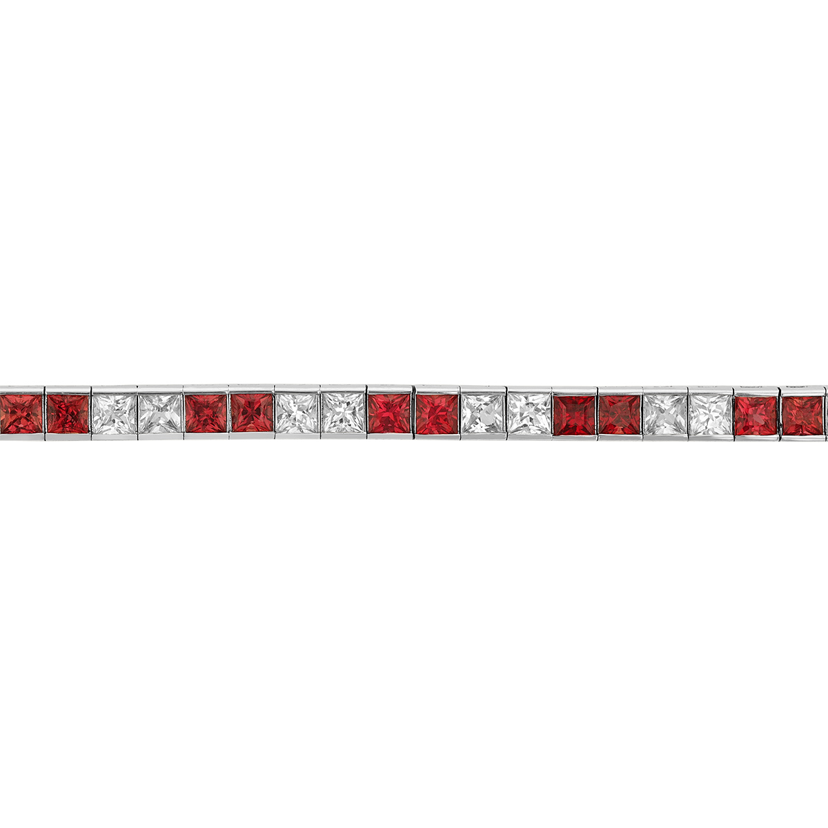 Princess Cut Ruby & White Sapphire Channel Set Tennis Bracelet in White Gold, 7
