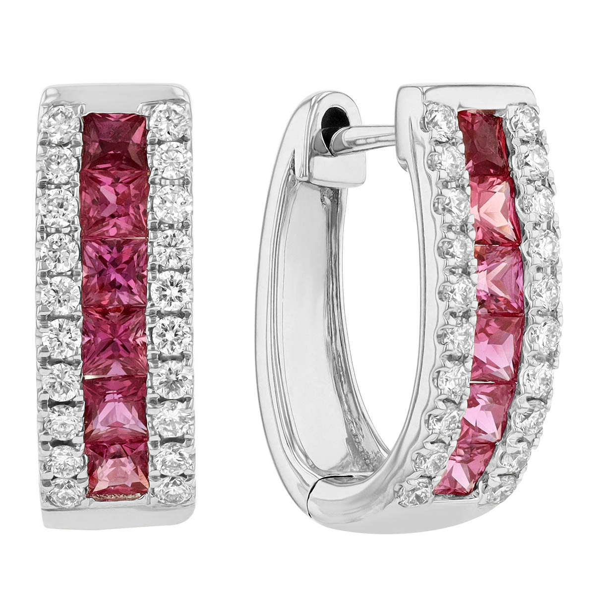 Princess Cut Pink Sapphire & Diamond Hoop Earrings in White Gold