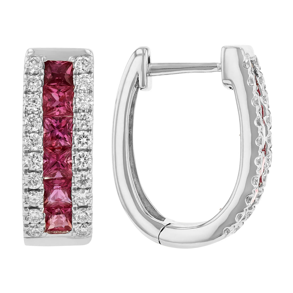 Princess Cut Pink Sapphire & Diamond Hoop Earrings in White Gold