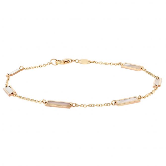 Frederic Sage Mother of Pearl Rectangle Bezel Set Station Bracelet in Yellow Gold, 7"