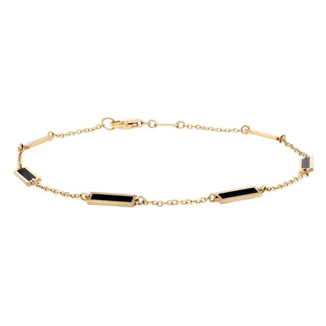 Frederic Sage Black Onyx Chalcedony Rectangle Bezel Set Station Bracelet in Yellow Gold, 7"