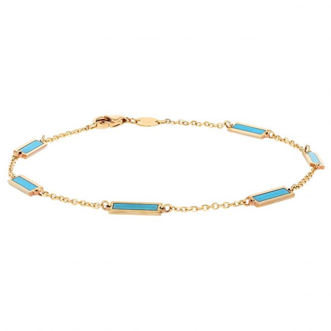 Frederic Sage Turquoise Rectangle Bezel Set Station Bracelet in Yellow Gold, 7"