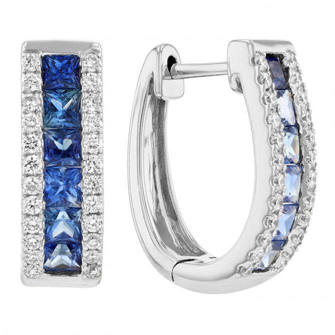 Princess Cut Blue Sapphire & Diamond Hoop Earrings in White Gold