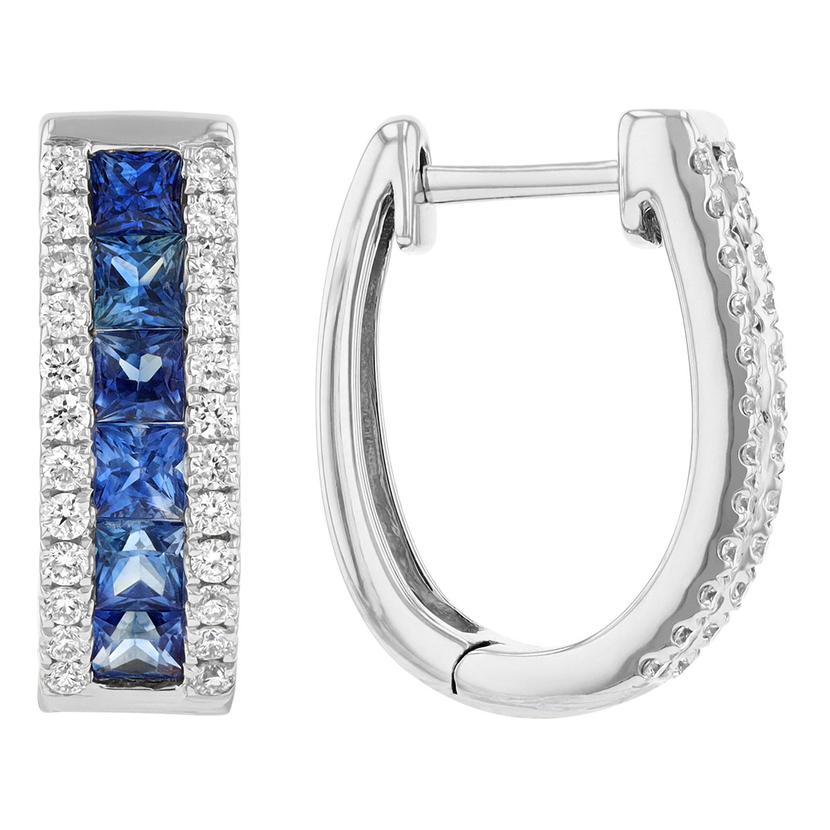 Princess Cut Blue Sapphire & Diamond Hoop Earrings in White Gold