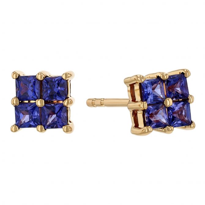 Princess Cut Blue Sapphire Quartet Stud Earrings in Yellow Gold