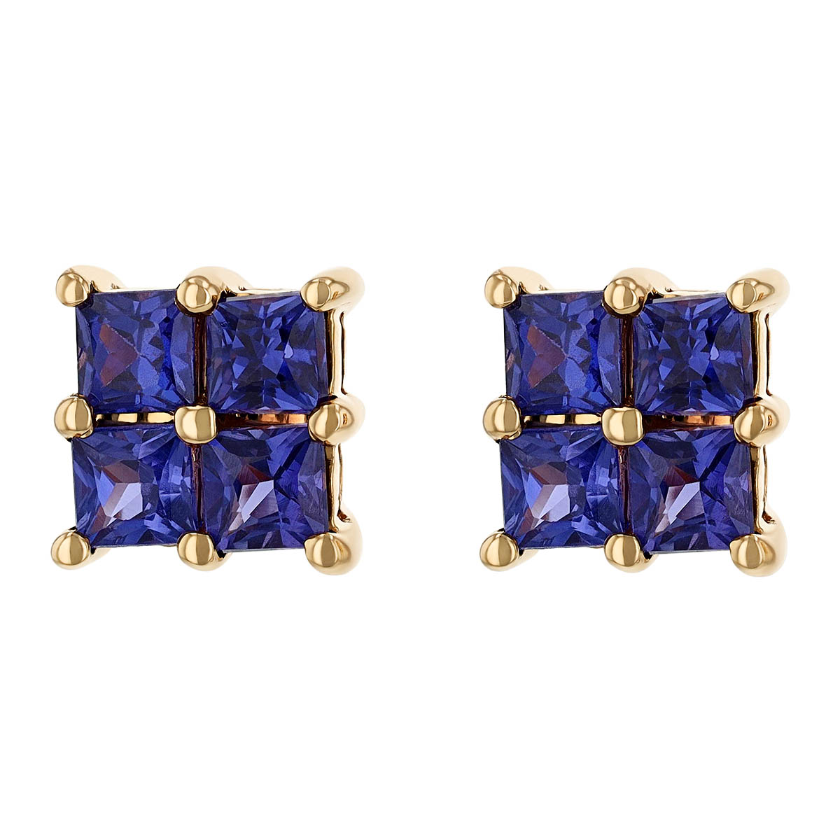 Princess Cut Blue Sapphire Quartet Stud Earrings in Yellow Gold