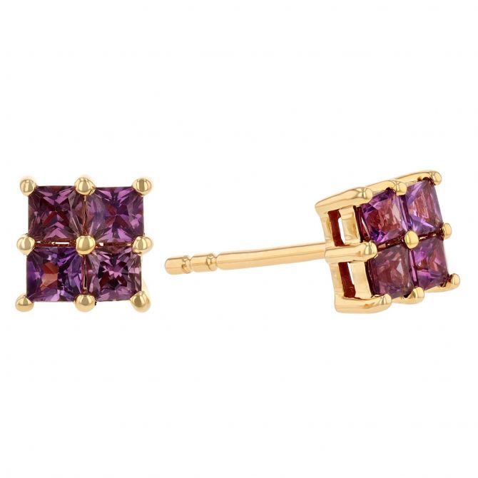 Princess Cut Pink Sapphire Quartet Stud Earrings in Yellow Gold