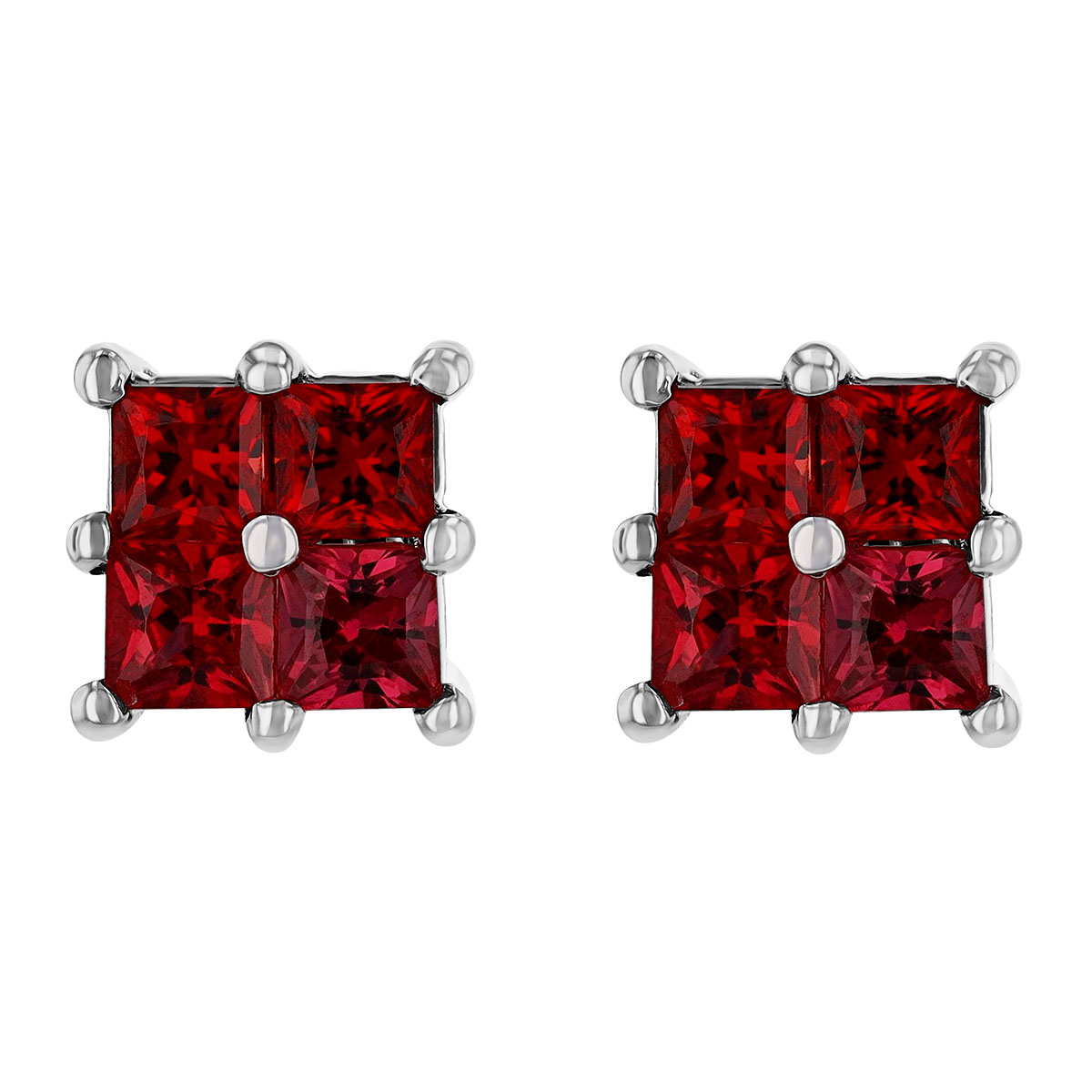 Princess Cut Ruby Quartet Stud Earrings in White Gold