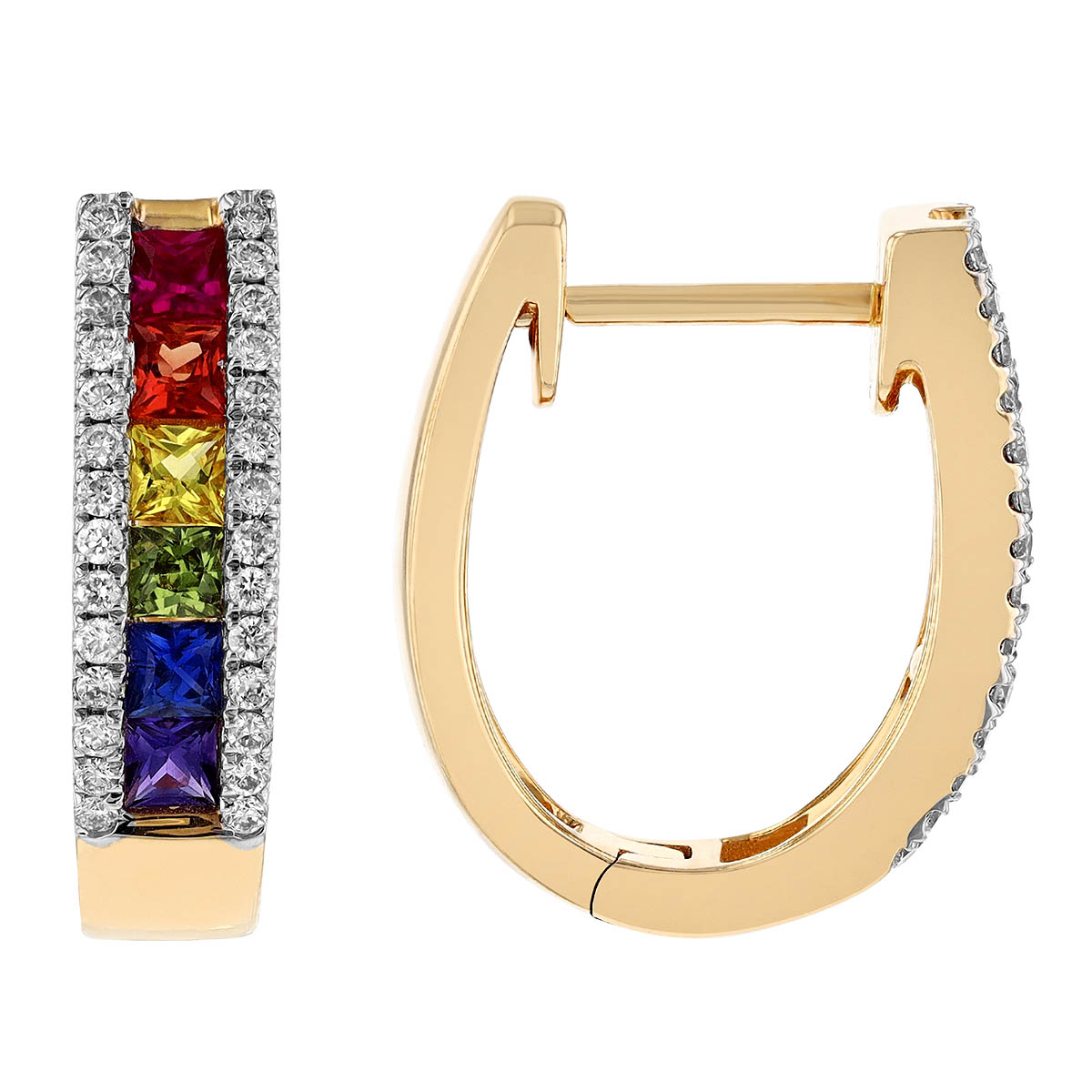 Multicolored Sapphire & Diamond Channel Set Hoop Earrings in Yellow Gold