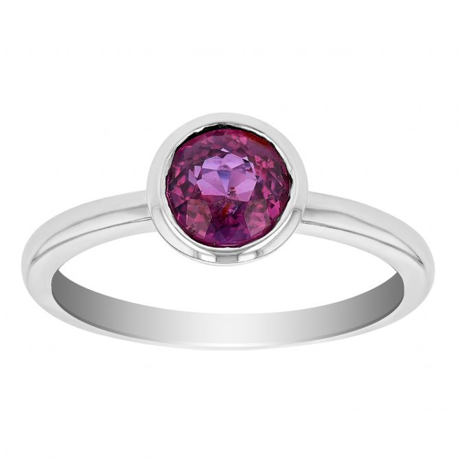 Round Pink Sapphire Bezel Set Ring in White Gold