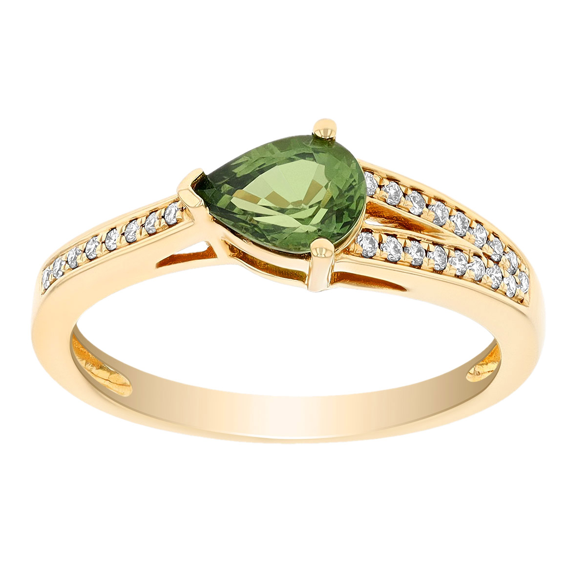 Pear Shaped Green Sapphire & Diamond Split Shank Ring in Yellow Gold