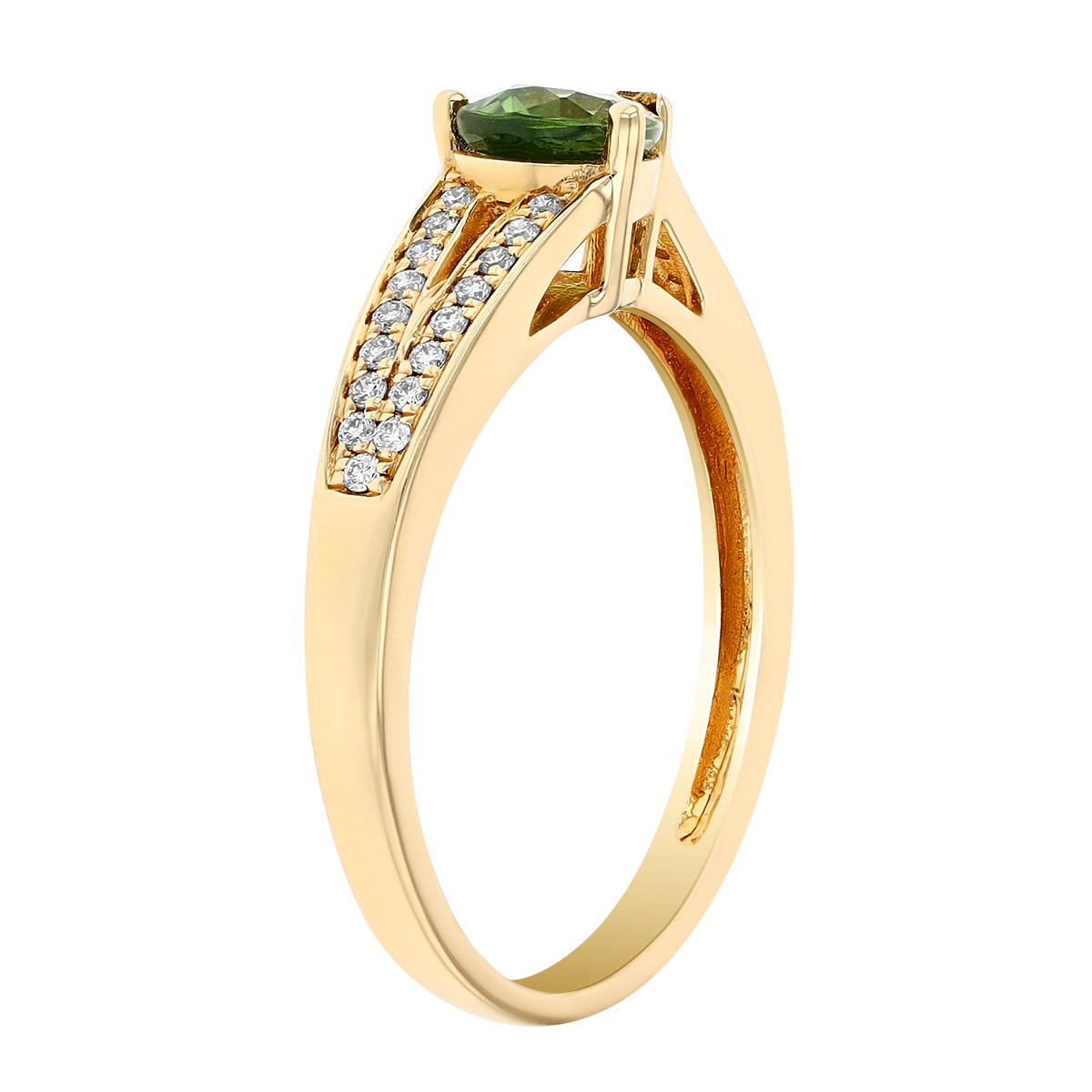 Pear Shaped Green Sapphire & Diamond Split Shank Ring in Yellow Gold