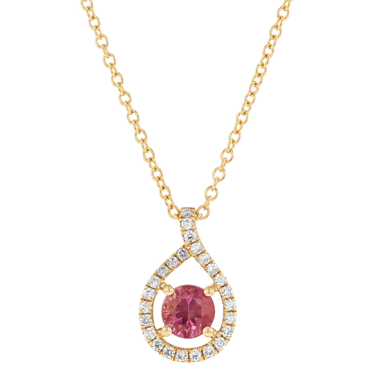 Round Pink Sapphire & Diamond Open Halo Pendant in Yellow Gold